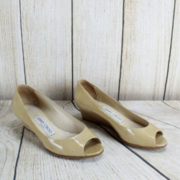 Jimmy Choo Beige Patent Leather Peep Toe Low Wedge Slip On Shoes Size 5 - Picture 3 of 8